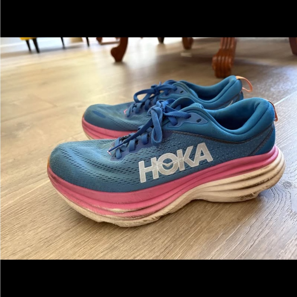 HOKA Bondi 8 Women's Blue and Pink Running Shoes